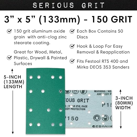 Serious Grit - 3" x 5" (80mm x 133mm) 14-Hole 150 Grit Sanding Sheets - Fits Festool RTS 400 & Mirka Deos 353 - Heavy-Duty Hook & Loop Film Abrasives - Sandpaper for Sheet Sanders - 50 Pack Box