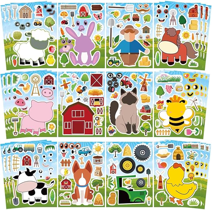 48 Sheets Make Your Own Stickers for Kids, Make a Farm Animal Face Sticker Sheets with Farm and Cute Animals for Kids Birthday Party Favors Supplies Teacher Reward