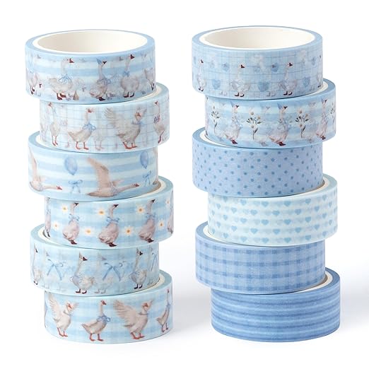 Laffact Blue Goose Washi Tapes - 12Rolls Blue Watercolor Coquette Bow Silly Goose Plaid Decoration Tape Set, Wrapping Paper Tape for Scrapbook Journal DIY Art Craft for Baby Shower Party Birthday Gift