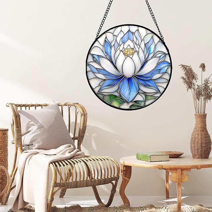 Stained Glass Window Hanging - Blue and White Lotus Petal Suncatcher for Doors Window Home Sun Catchers Decor Christmas Mother's Day July Birthday Gifts for Teacher Women Men Mom Nana 9.8 in