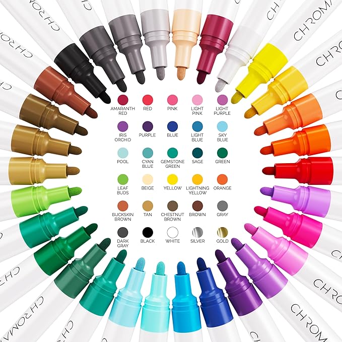 CHROMATEK Dual Tip Acrylic Paint Markers - 30 Colors Premium Paint Pens for Canvas, Rock Painting, Glass, Wood, Ceramic, DIY Crafts Art Supplies - Waterproof, Quick Drying with Video Tutorials & Ebook