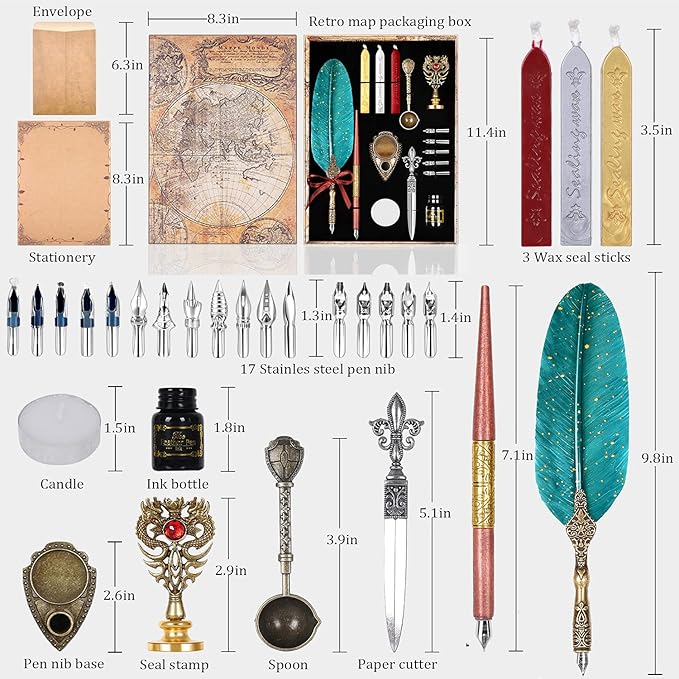 Feather Calligraphy Pen Ink Set, Includes Quill Pen and Wooden Dip Pen, Ink,17 Replacement Nib, Pen Base, 3 Wax Seal Sticks, Stamp, White Wax, Spoon, Envelope Letter Paper, Envelope Tool(Green)