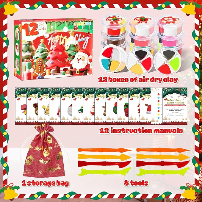 Air Dry Clay - 12 Boxes Christmas Modeling Clay Kit with 8 Sculpting Tools,Safe & Non-Toxic,DIY Magic Gifts Toys for Boys,Girls,Kids