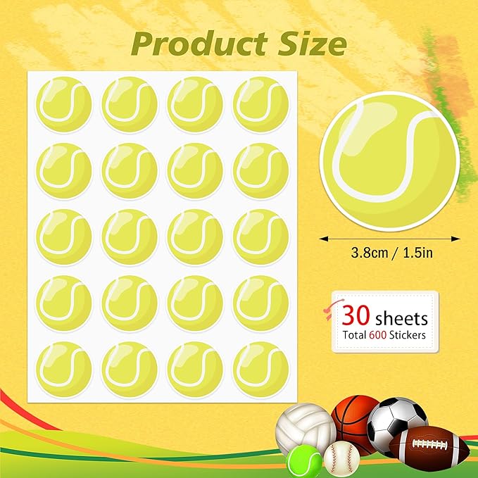 600 PCS Tennis Stickers for Kids, Tennis Ball Stickers Sport Balls Theme Decals Sticker for Crafts Scrapbooks Envelope Gifts Classroom Teacher Sports Birthday Party Decor, 1.5 Inch