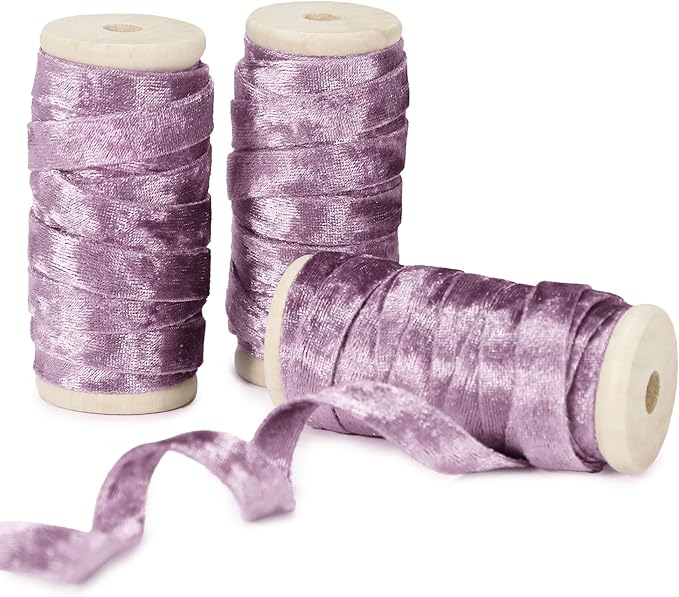 Velvet Purple Ribbon Double-Sided Handmade Glossy Fabric Trim Wooden Spool Thin Ribbons for Christmas Tree Gift Wrapping Crafts Wedding Flower Bouquet 3/8 inch x 5YD 3 Rolls