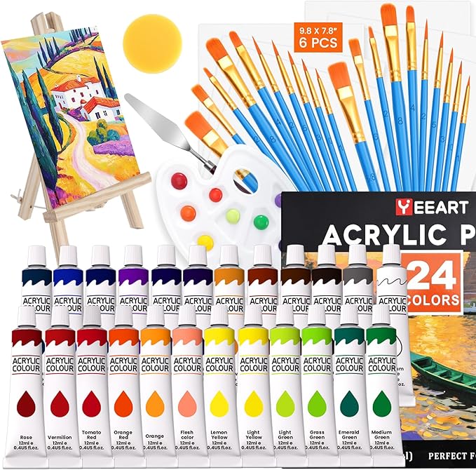 Acrylic Paint Canvas Set, 54 Piece Professional Painting Supplies Kit with Wood Easel,24 Colors Acrylic Paint, 2 * 10 Brushes, Premium Paint Kit for Artists and Beginner