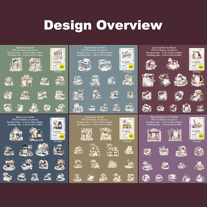 90PCS Vintage PET Stickers, Flowers, Typewriters, Books, Lace & Letters in Retro Aesthetic Style, Transparent Waterproof Stickers for Scrapbook, Journal, DIY Crafts & Decoration