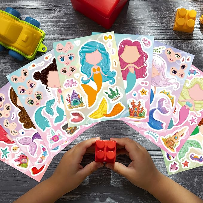 DUJAA 24 Sheets Mermaid Stickers for Kids, Make Your Own Mermaid Stickers, Mermaid Themed Art Craft Supplies