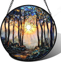 Stained Glass Window Hanging, Forest Sunrise Smoke Blue Brown Tree Suncatcher for Doors Window Home Landscape Sun Catchers Decor Mother's Day Birthday Gifts for Women, Men Mom 15 in