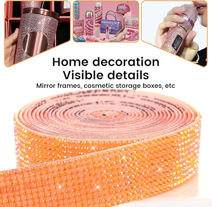Novani Self Adhesive Rhinestone Ribbon, 0.78 Inch Wide 3 Yards 1 Roll, Orange AB Diamond Bling Strips for DIY Crafts, Glitter Resin Rhinestones Tape for Crafting, Car Decoration