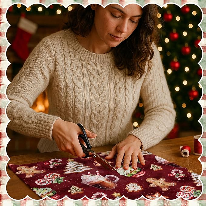 Oudain 60 Pcs 10 x 10 Inch Gingerbread Man Quilting Fabric Squares Vintage Christmas Fat Patchwork Precut Strips Candy Cane Fabric Bundles for Xmas DIY Craft Sewing Handmade Materials