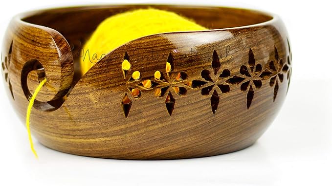 Nagina International Rosewood Crafted Wooden Yarn Storage Bowl With Carved Holes & Drills | Knitting Crochet Accessories (Small)