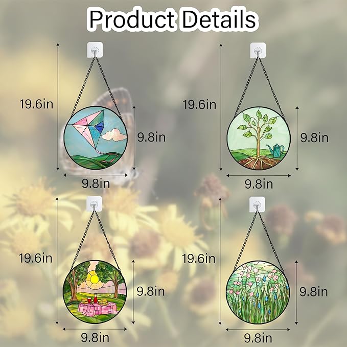 Stained Glass Window Hanging 4 Pcs Set Pink Green Spring Saplings Flowers 9.8" - Suncatcher Door Garden Sun Catcher Home Decor Mother's Day for Woman Nana Mom Men