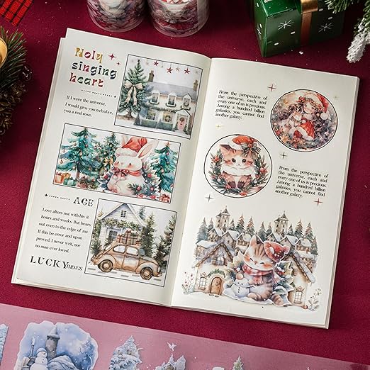6 Rolls Christmas Washi Tape Scrapbook Stickers Aesthetic Kawaii Girly Bunny Cute Tape Christmas Tree Scrapbooking Stickers Winter Holiday Snow Scene Xmas Decorative Tape For Crafts Scrapbook Supplies