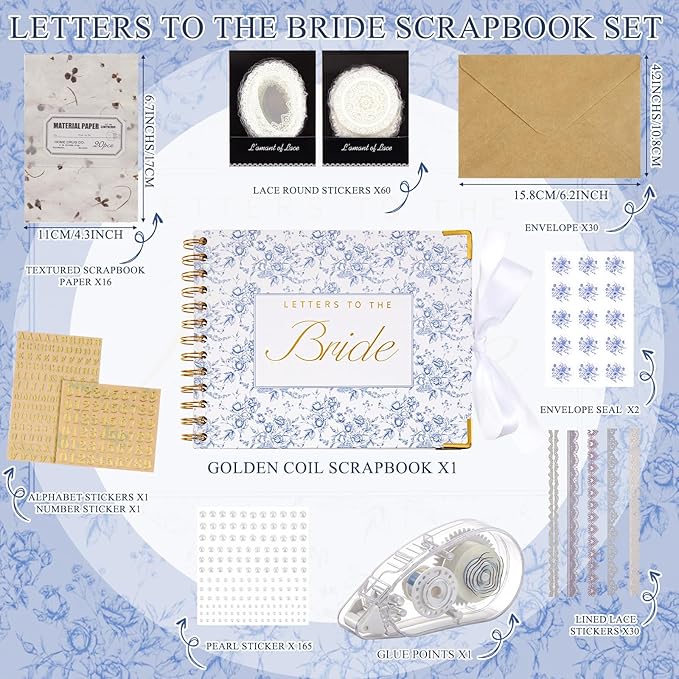 8.5 x 7 Inch Wedding Guest Book Letters to The Bride Scrapbook Wedding Memory Book Bridal DIY Blank Paper Scrapbook Photo Album Guest Sign with Pearl Stickers (157 Pcs,Blue Floral)
