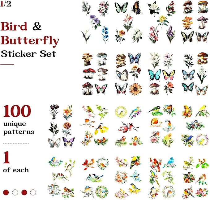 Dizdkizd 200-Piece Vintage Floral Greenery Bird Sticker for Scrapbooking, Journaling, Crafts, Seasonal Nature Scrapbook Sticker Pack, Transparent and Waterproof