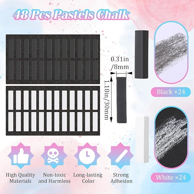 48 Pcs Soft Chalk Pastels Set Soft Pastel for Artists Square Sketch Chalk Non-toxic Artist Pastel Sticks for Professional Artists Students and Art Lovers(White,Black,30×8×8mm)