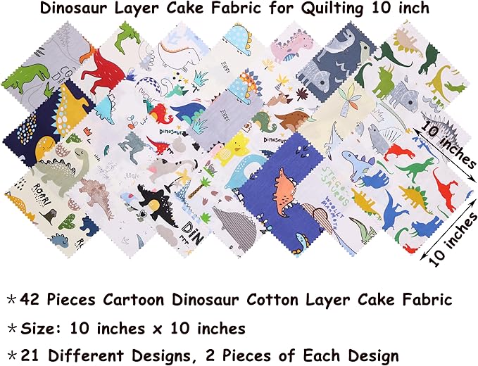 Hanjunzhao Cartoon Dinosaur Cotton Fabric Squares 10x10, Layer Cake Fabric Clearance for Quilting 10 inch, Layer Cakes 10 inch Squares for Quilting, Baby Blanket, Room Decor, and Crafts, Dinosaurs