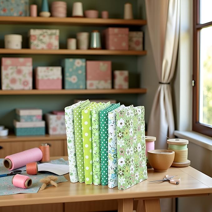 7Pcs Top Green Cotton Craft Fabric Bundle Squares Patchwork DIY Sewing Scrapbooking Quilting Floral Dot Pattern Craft and Hobby Fabric 10" x 10" (25cm x 25cm)