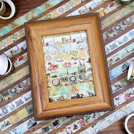 Vintage Washi Tape Set,12 Rolls Holiday Travel Aesthetic Decorative Tape Retro Poster Map Stamp Clocks Architecture Masking Washi Tape for Journaling Supplies, Scrapbooking, DIY Arts & Crafts