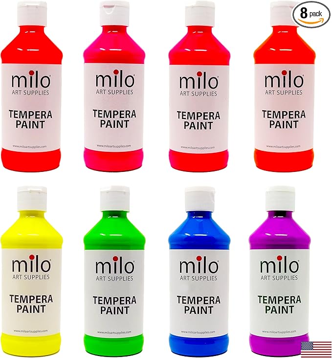milo Fluorescent Neon Washable Paint | 8 oz Bottles 8 Colors | Made in the USA | Glows UV in Black Light | Safe & Non-Toxic Tempera Paint for Art & Craft, Poster, Window, Classroom, School