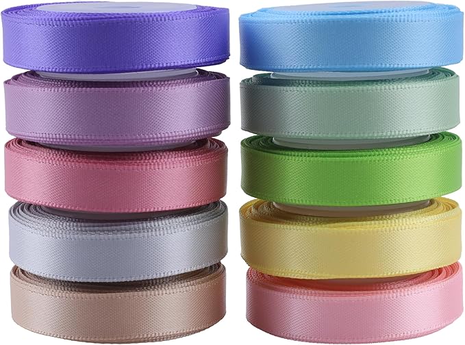 VATIN Pastel Rainbow Ribbon Assortment Satin Rainbow Colored Ribbon 3/8" X 50 Yards, for Crafts, for Gift Wrapping Party Decoration DIY Handmade Hair Bows