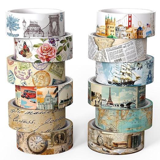 Vintage Washi Tape Set,12 Rolls Holiday Travel Aesthetic Decorative Tape Retro Poster Map Stamp Clocks Architecture Masking Washi Tape for Journaling Supplies, Scrapbooking, DIY Arts & Crafts