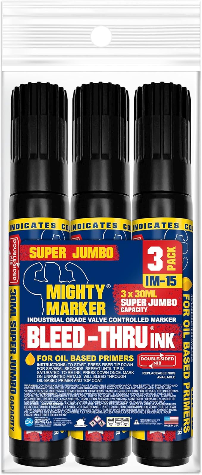IM-15 Industrial Bleed-Thru Marker, Super Jumbo 30ml Ink, Bleeds Through Oil-Based Primers, Seal with Water or Alcohol-Based Top Coat, Valve Action, Made in USA – Blue 3 Pack