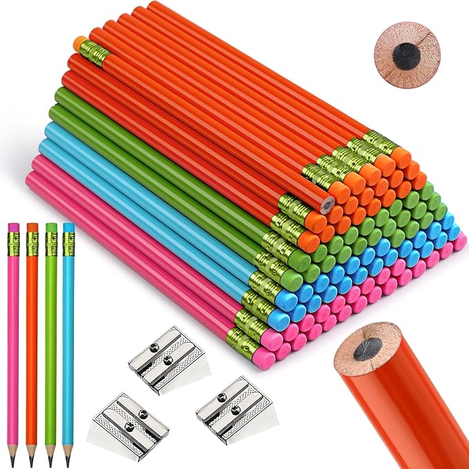 Fainne 102 Pcs Bulk Thick Jumbo Graphite Pencils Set 96 Fat Giant Large Pencils and 6 Sharpeners Enhanced Grip for Art Drafting Writing Drawing Office and Home Use(Colored,Round)