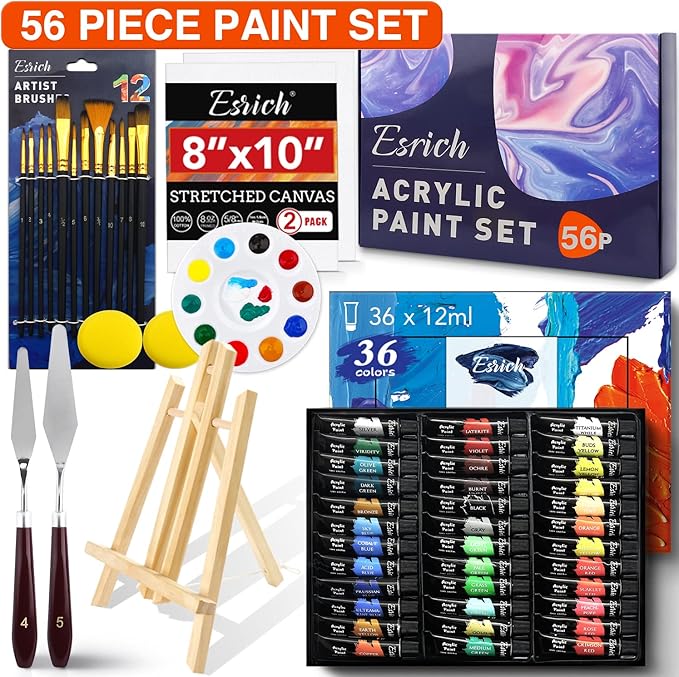 Acrylic Paint Set,56 PCS Professional Painting Supplies with Paint Brushes, 36 Colors Acrylic Paints, 1 Easel, 2 Painting Canvases, Palette, Paint Knives and Art Sponges for Hobbyists and Beginners