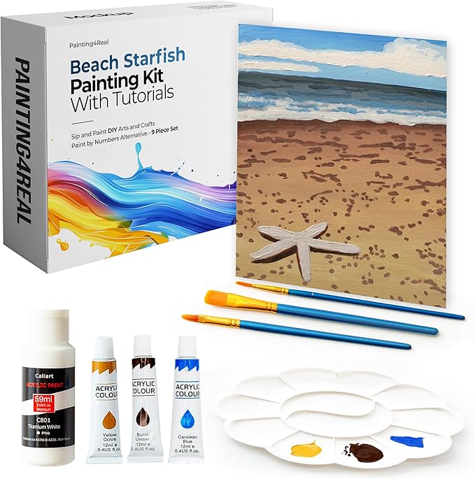 Painting4Real DIY Art Painting Kit for Adults – Learn to Paint Beach Starfish with Video Tutorials – 9 Pieces Acrylic Paint Set for Adults –Perfect Christmas Crafts & Holiday Gifts for Art Lovers