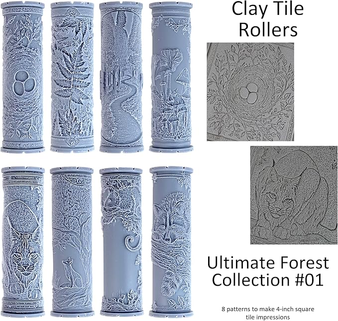 Ultimate Forest 8-Set Clay Texture Rollers (4") - Forest Set #01 - Embossing Pattern Rollers for Polymer & Ceramic Clay, Pottery & Crafts