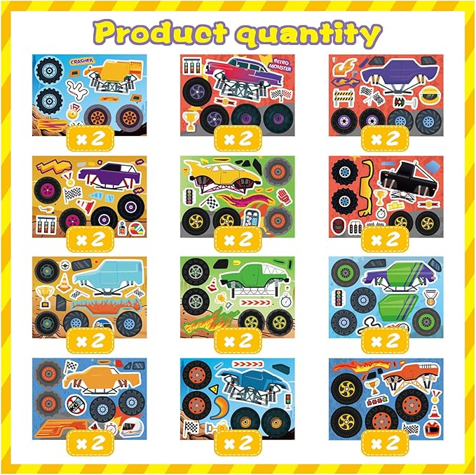 DUJAA 24 Sheets Monster Truck Stickers for Kids, Colorful, Premium Quality, Make Your Own, Monster Truck Party Favor, Teacher Reward, Birthday Gift