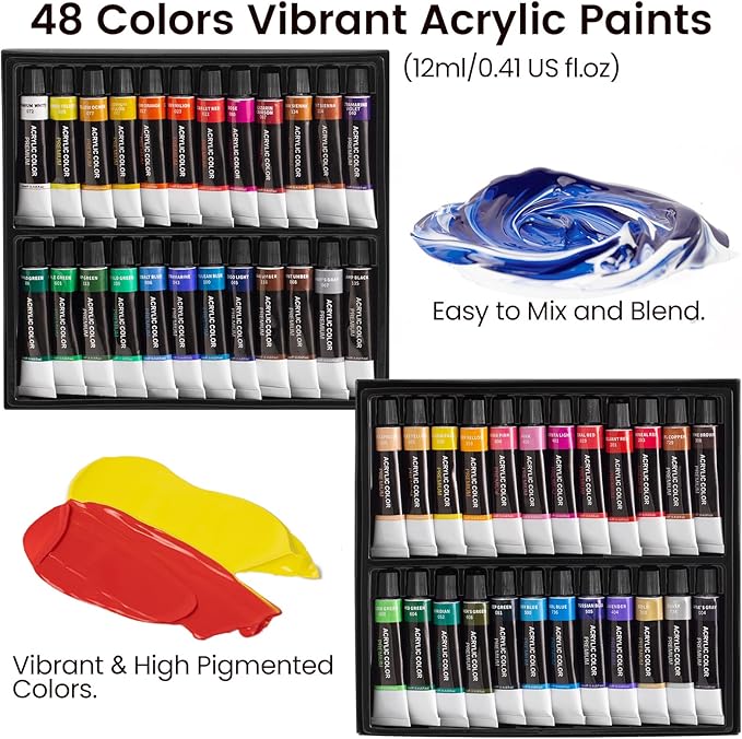 MERRIY 80-Piece Acrylic Paint Set, Artist Painting Supplies Kit with Tabletop Sketch Box Easel, 48 Colors Acrylic Paints,11"x 14"Stretched Canvas &More, Premium Acrylic Painting Set for Adults