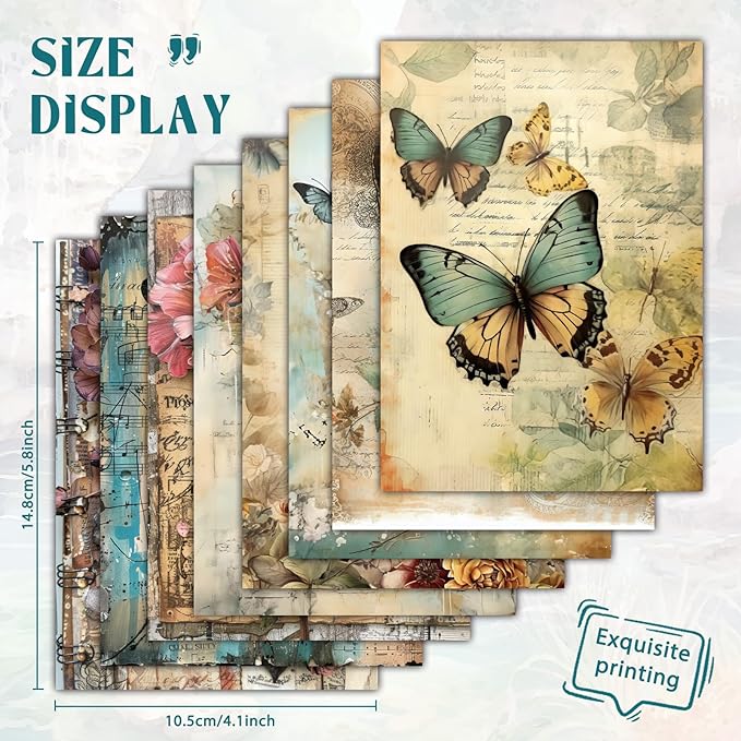 16 Sheets Scrapbook Paper, Vintage Decorative Scrapbook Supplies for Junk Journal Card Making Picture Art Collage DIY 4.1x5.8 inches, Butterfly theme
