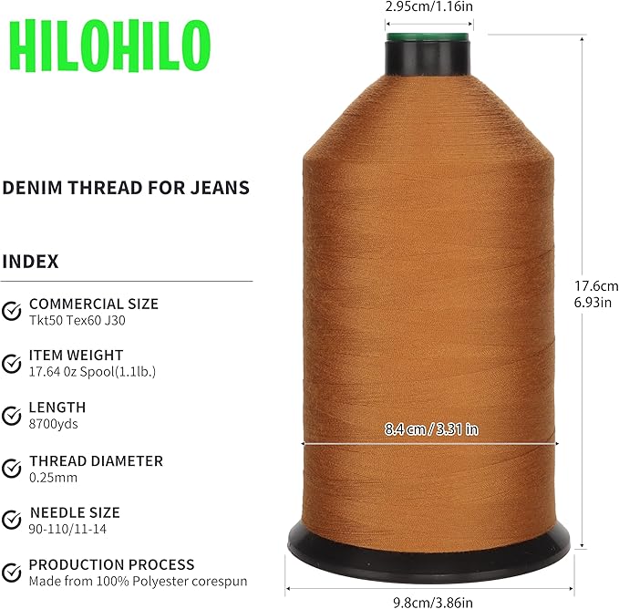 Polyester Corespun Denim Thread Tkt50 Tex60 J30, 8700yds, Suitable Light-Weight Denim Clothing and Home Decor,Mattresses,Curtains(Caramel)