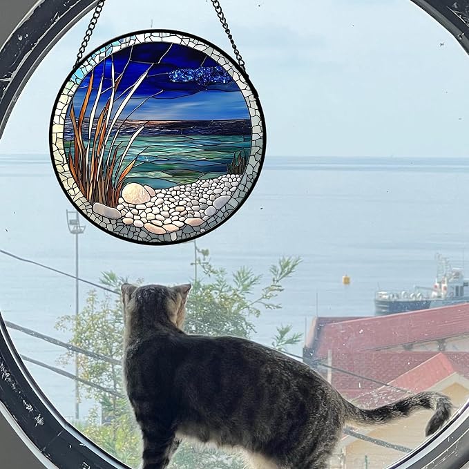 Stained Glass Window Hanging 4 Pcs Set Navy Blue Ocean Landscape Large 15" - Suncatcher Door Garden Sun Catcher Decor Birthday Mother's Day for Mom Woman Nana Girl Boy Friend