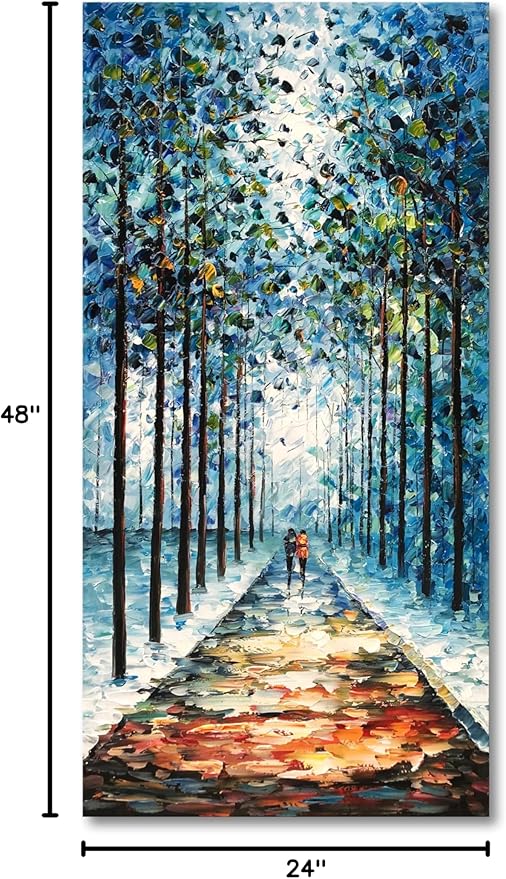 Art Hand-Painted Landscape Oil Painting Contemporary Abstract Vertical Blue Texture Oil Painting Living Room Bedroom Wall Decoration 48x24 inche