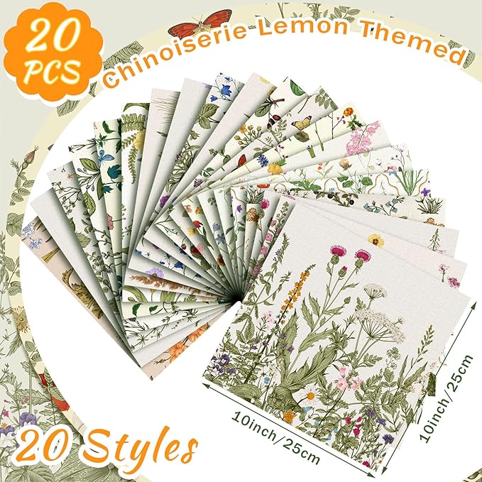 HunnmingRe 20 Pcs 10''x10'' Wildflower Quilting Fabric Square Wildflower Quiltted Fabric Bundle Multicolor Precuts Printed Patchwork Supplies for Holiday DIY Sewing Craft