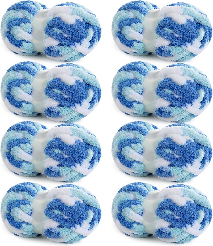 HOMBYS 8 Pack Giant Chunky Yarn for Crocheting and Knitting, Super Bulky Large Soft Fluffy Tie Dye Plush Fuzzy Mixed Color Thick Chenille Yarn (Blue, Sky Blue, White)