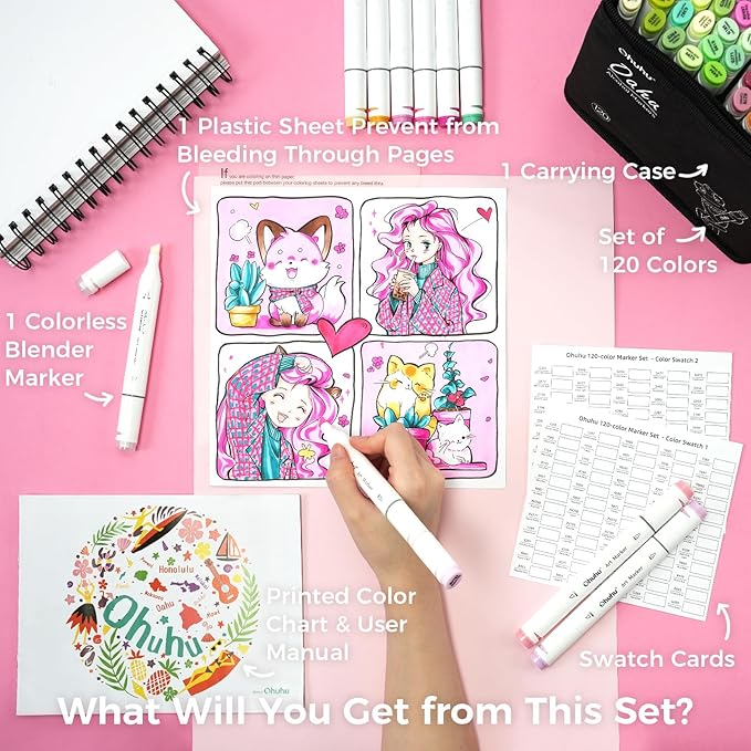 Ohuhu Alcohol Markers, 120-color Marker Set for Artists, Oahu Series, Double Tipped Alcohol Based Art Markers for Adults Coloring Sketching Illustration, Marker Case, Fine & Chisel