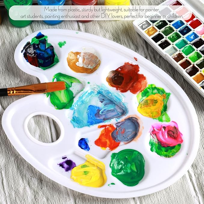FANDAMEI Oval Paint Tray Palettes, 8 PCS Plastic White Paint Tray Palettes, Paint Palettes Paint Pallets with Thumb Hole for Adults & Kids, for Painting or DIY Craft Class, 9 x 6.7 Inch