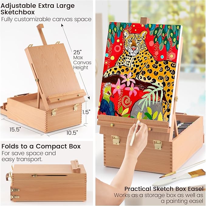 MERRIY 80-Piece Acrylic Paint Set, Artist Painting Supplies Kit with Tabletop Sketch Box Easel, 48 Colors Acrylic Paints,11"x 14"Stretched Canvas &More, Premium Acrylic Painting Set for Adults