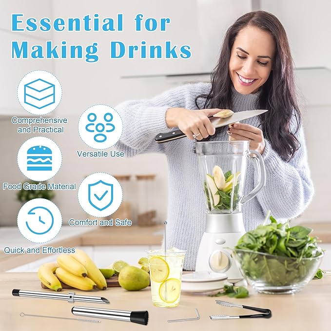 5Pcs Straw Hole Puncher Set, Luxiv 304 Stainless Steel Straw Puncher for Plastic Lids Hole Punching Tools for Drinks Coffee Lemonade Stand Tool Set with Muddler, Stirring Rod, Ice Tweezers, Brush
