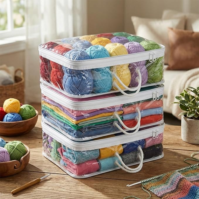 Shinylin 10 Pack Clear Yarn Storage Bags Bulk, 12 x 16 x 4 Inches Yarn Storage Organizer Tote Bag for Knitting Needles Crochet Hooks Wool Balls and Unfinished Project (White)