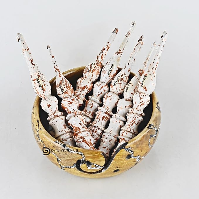 Wooden Crochet Hook Set with Yarn Bowl – Sizes 3.5mm to 12mm, White & Brown Smooth Handmade Bamboo Crochet Hooks for Yarn, Ergonomic Crochet Tools for Beginners & Experts