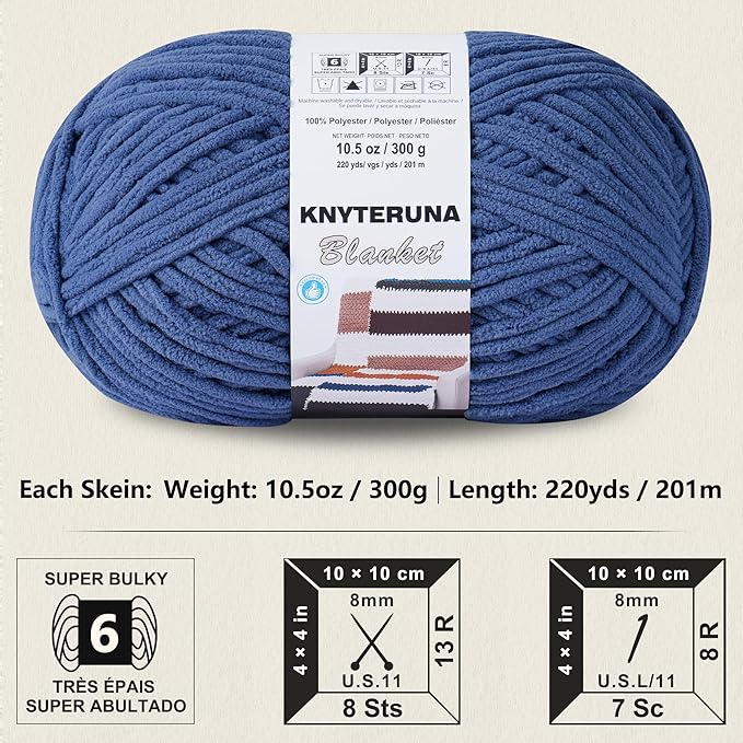 #6 Super Bulky Blanket Yarn for Crocheting - 4 Skeins(Each 10.5oz/300g, 220yds/201m), Chunky Chenille Thick Plush Big Soft Yarn for Crocheting Knitting Blankets, Country Blue