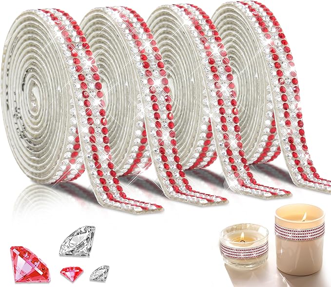 4 Rolls Rhinestone Tape Self Adhesive Crystal Ribbon Diamond Bling Strips with 2 mm Glitter Sticker for Arts Crafts Wedding Birthday Party DIY Event Car Phone Decoration (Silver+Red)