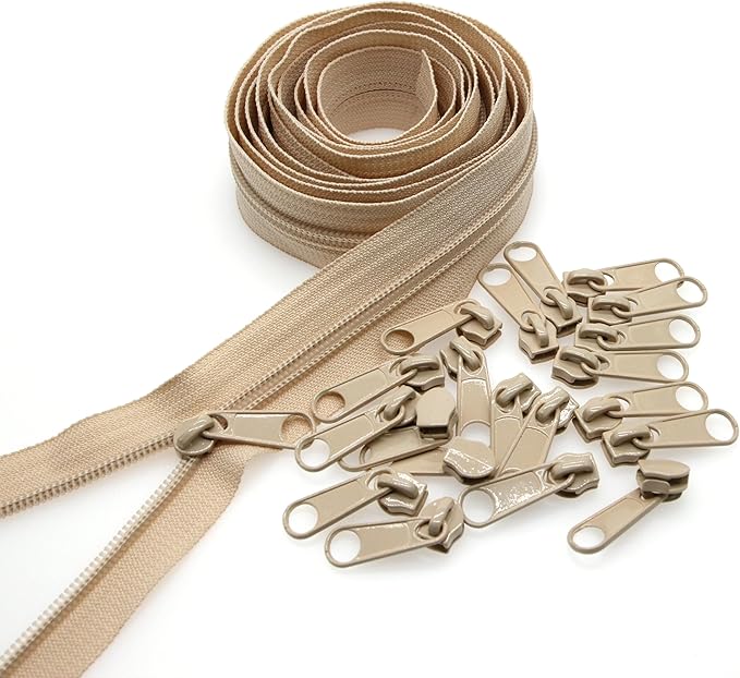 Leekayer #3 Beige Nylon Coil Sewing Zippers by The Yards Bulk 10 Yards with 25pcs Sliders for DIY Tailor Sewing Craft Bags,Luggage,Dress,Sofa Cushion,Pillow(Beige)