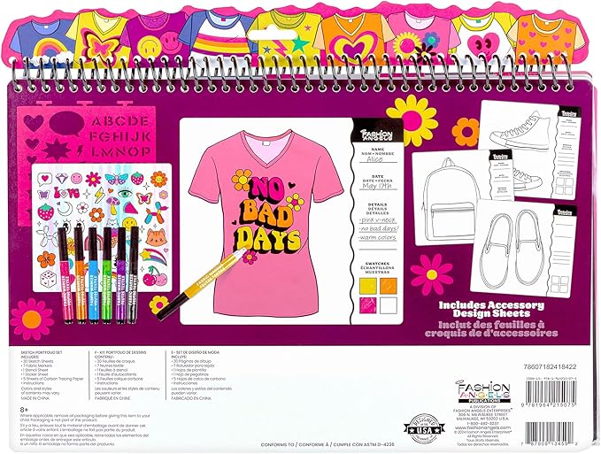 Fashion Angels T-Shirt Design Sketch Portfolio, Includes Stencils, Sketch Pages & Fabric Markers, DIY Fashion Design Kit for Kids & Teens